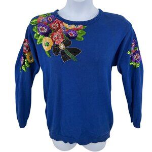 VINTAGE 80's VICTORIA HARBOUR BRIGHT BLUE SEQUIN & BEAD FLORAL SWEATER - M